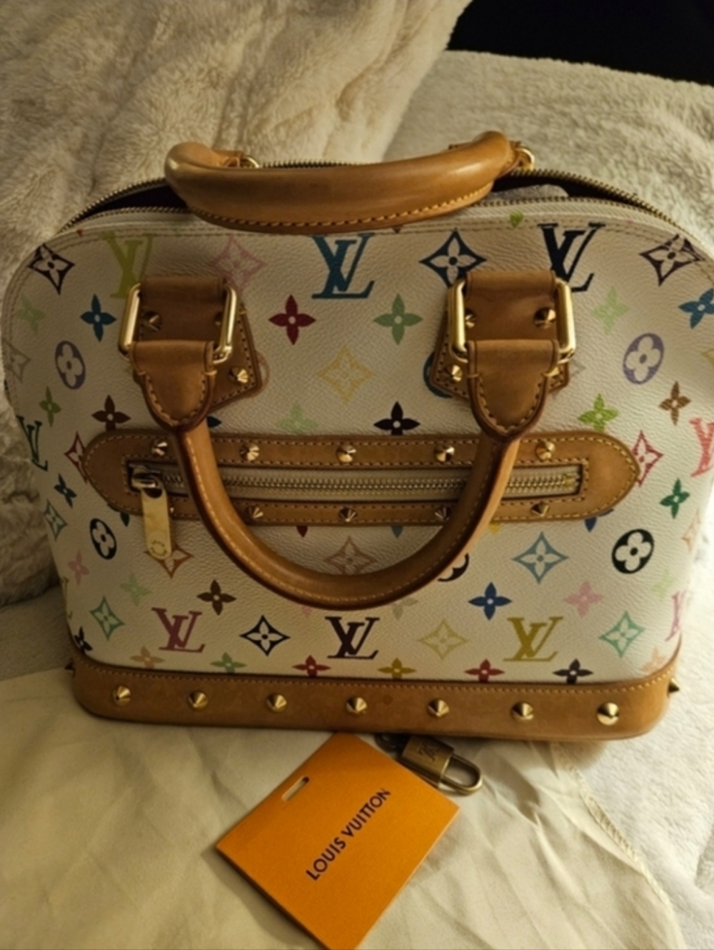 Authentic Louis Vuitton White Multicolor Monogram Alma PM Satchel W/Lock & Key